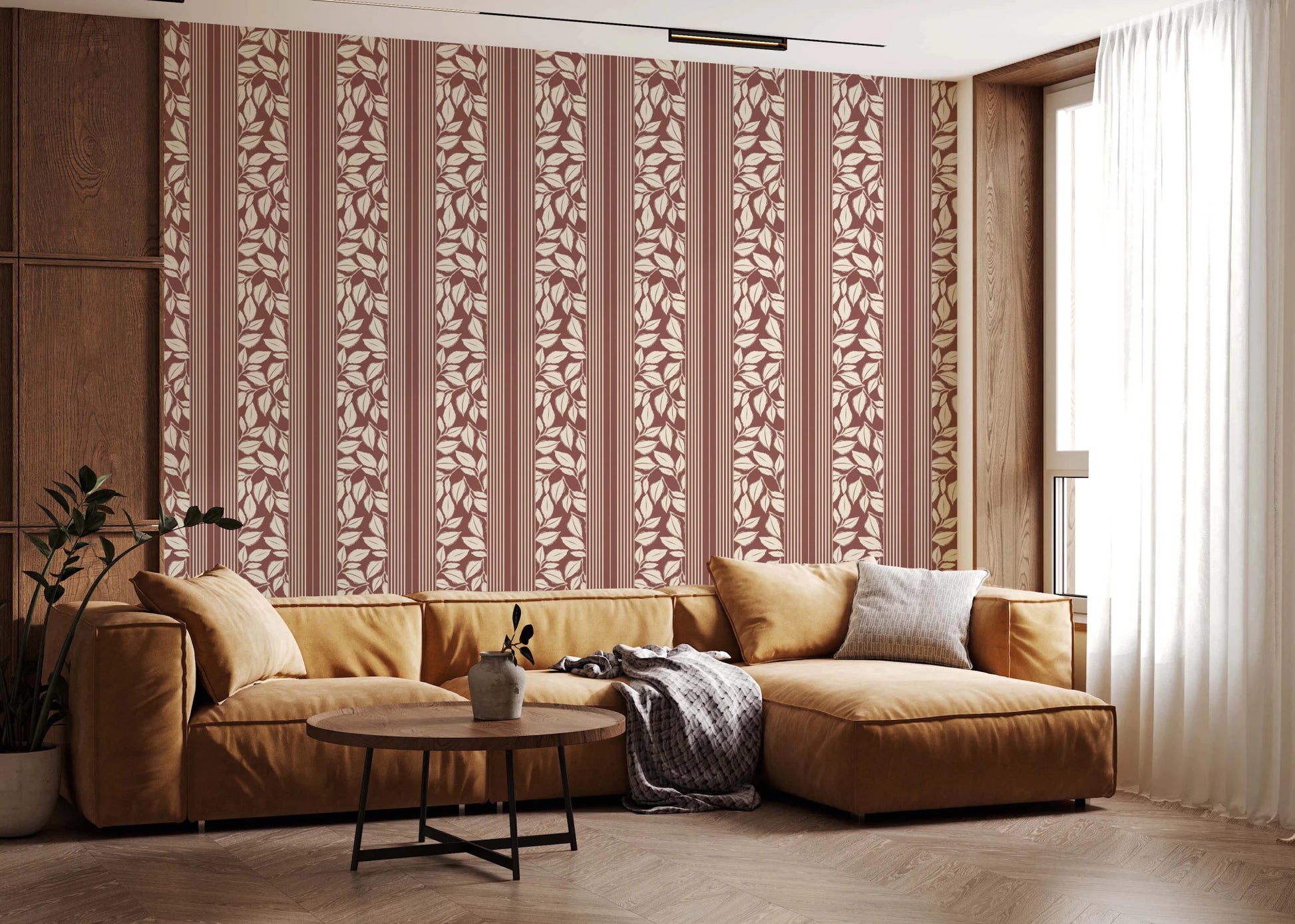 A soft earthy base gives the Trailing Foliage Dark Red Wallpaper warm depth