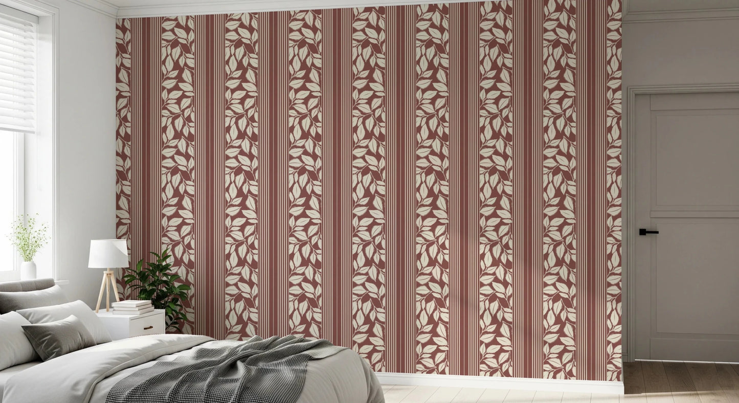 Bedroom using Vintage Dark Red Wallpaper with striped botanical detail