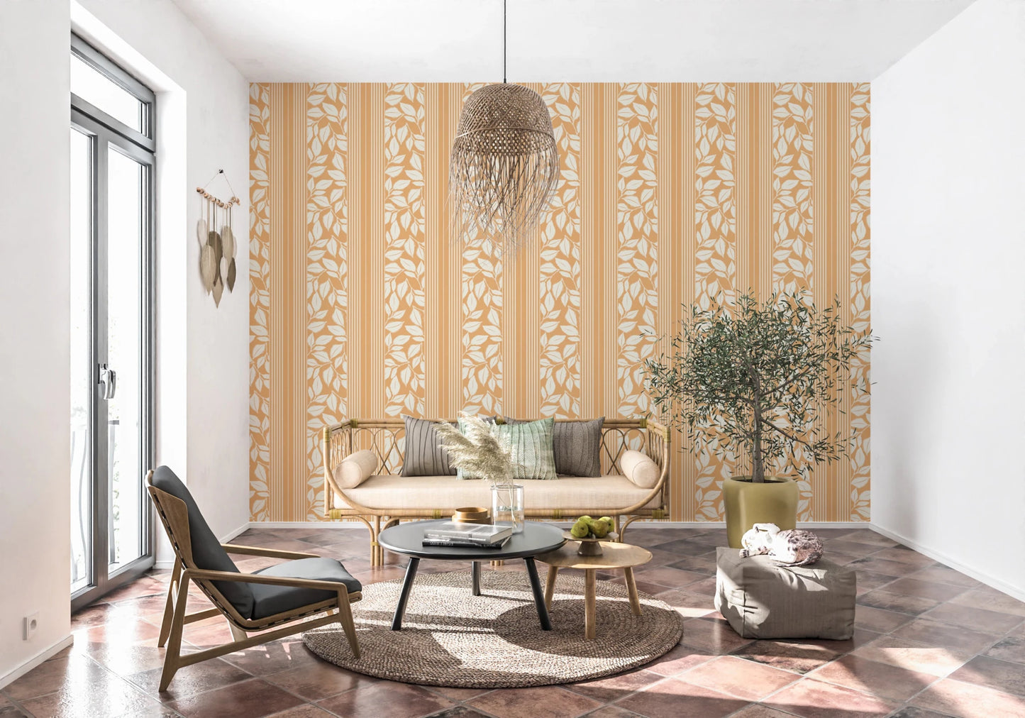Slim stripes frame Vintage Trailing Foliage Golden Wallpaper