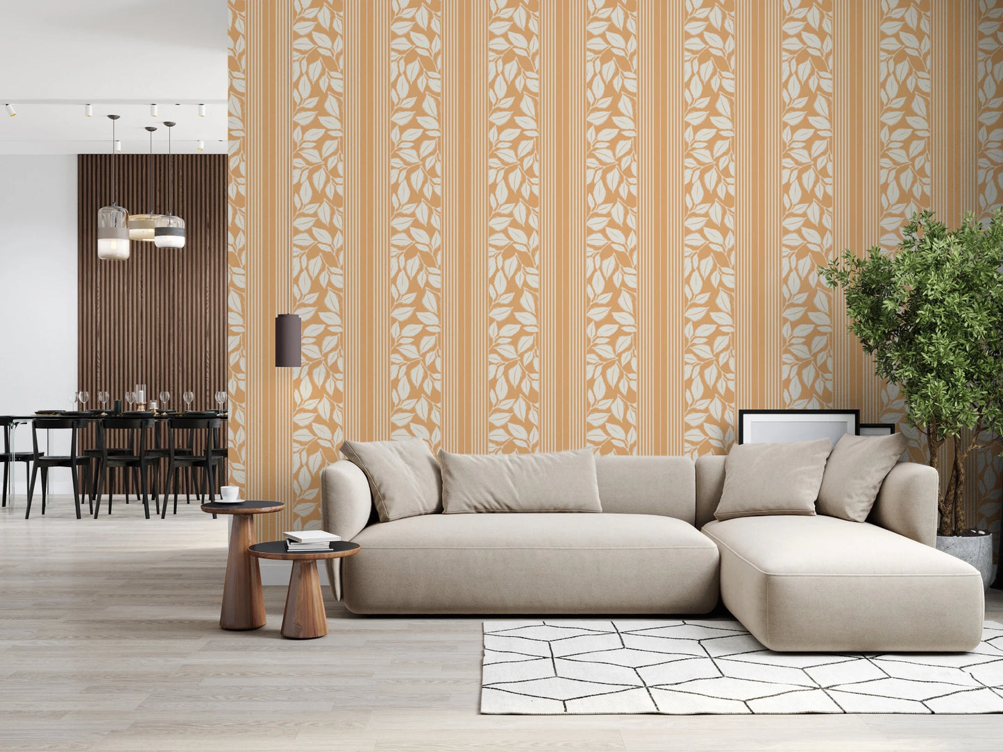 A vintage stripe layout shapes Vintage Trailing Foliage Golden Wallpaper