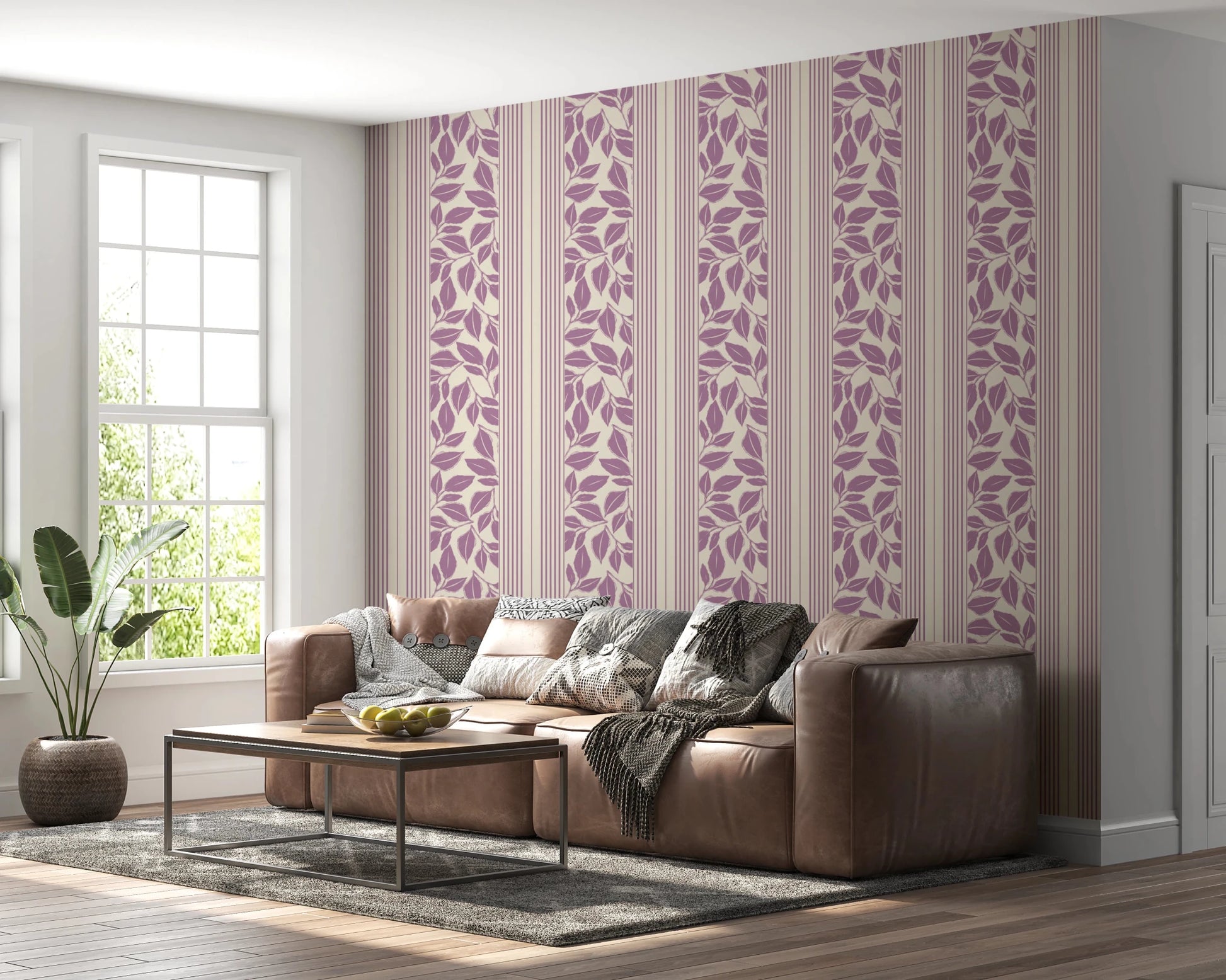 The Lavender Wallpaper design mixes leafy motifs with clean stripe spacing
