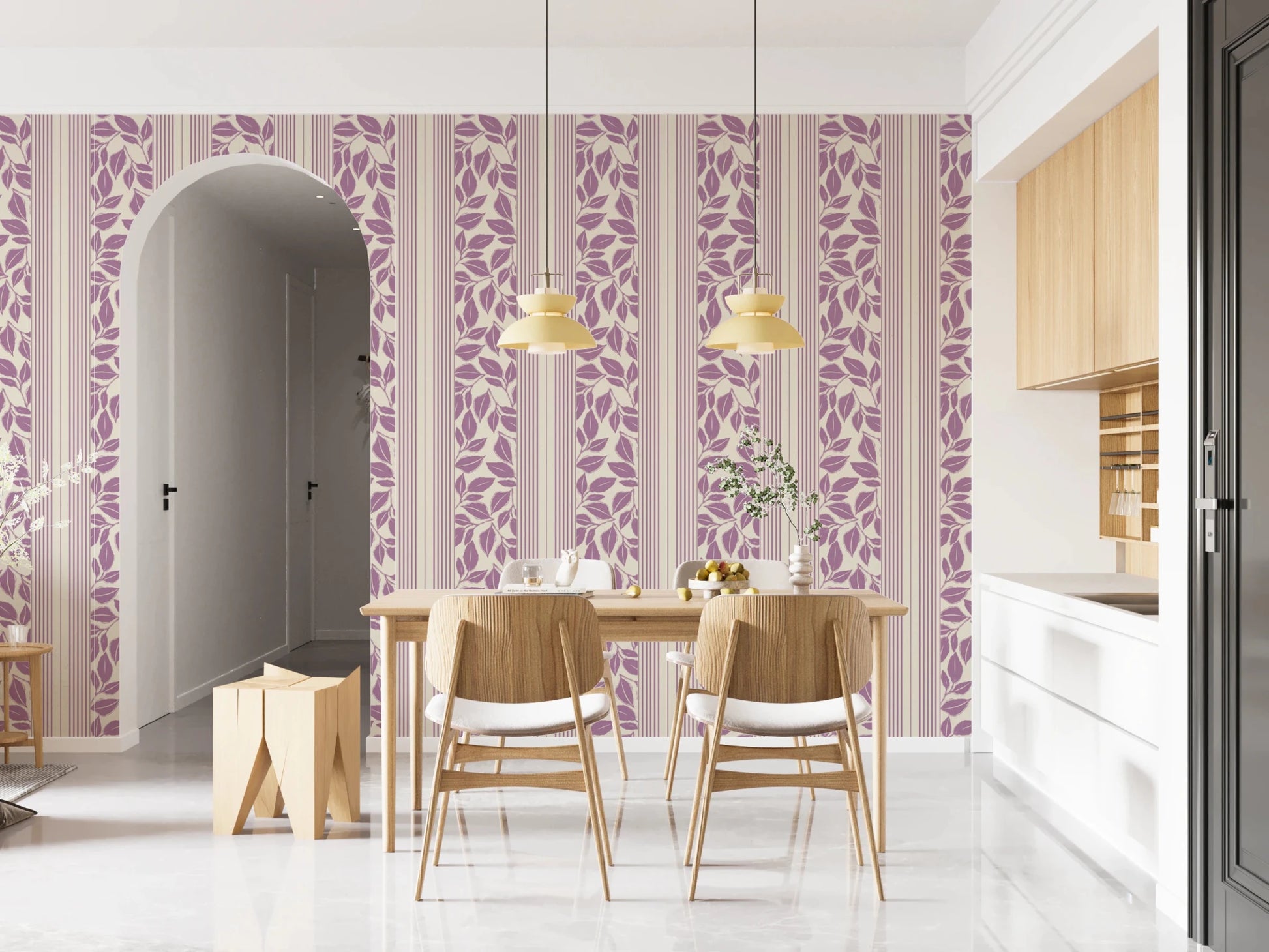 Dining room with Vintage Trailing Foliage Lavender Wallpaper and soft stripes