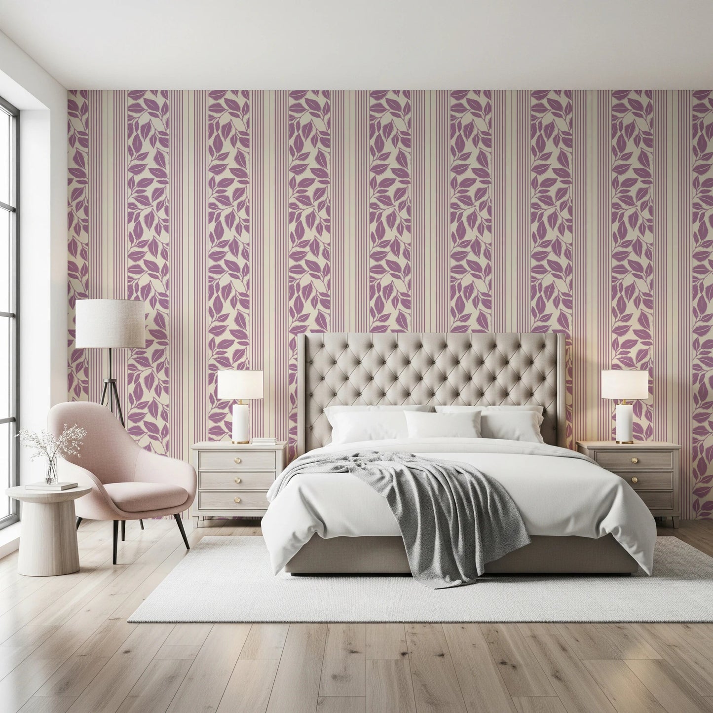 Vertical stripe bands frame the Trailing Foliage Lavender Wallpaper pattern