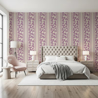 Vertical stripe bands frame the Trailing Foliage Lavender Wallpaper pattern