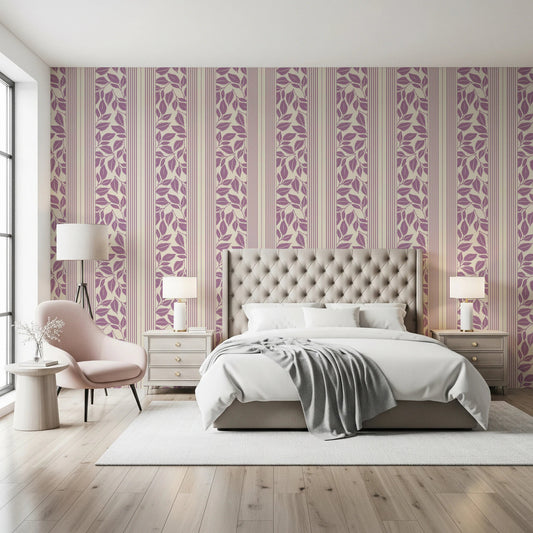Vertical stripe bands frame the Trailing Foliage Lavender Wallpaper pattern