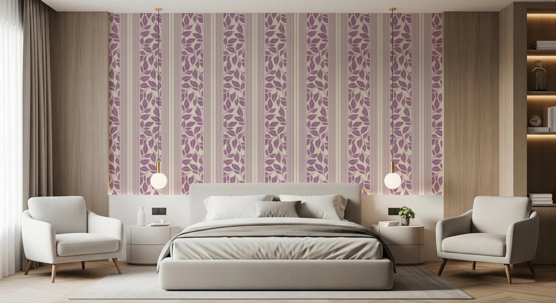 Bedroom styled in Lavender Wallpaper with Vintage Foliage leaf pattern
