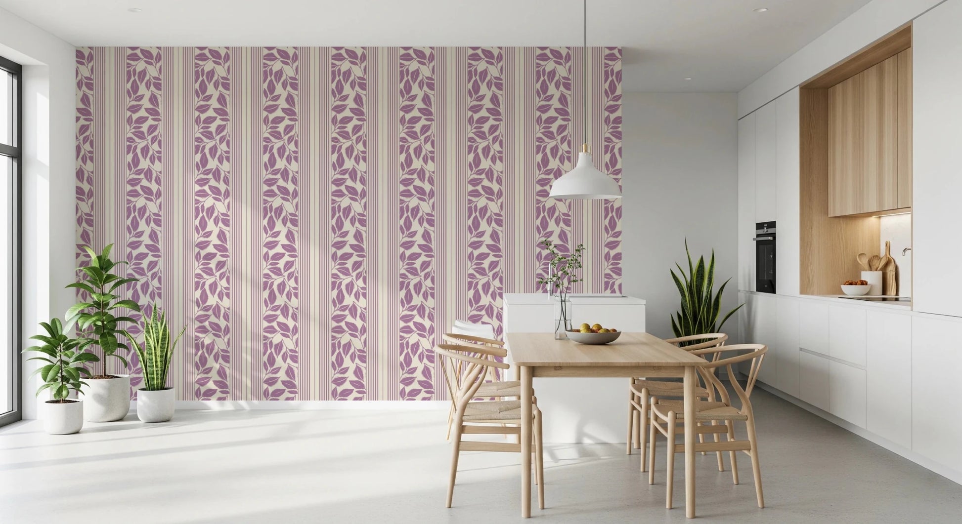 Subtle vintage styling shapes this Trailing Foliage Lavender Wallpaper surface