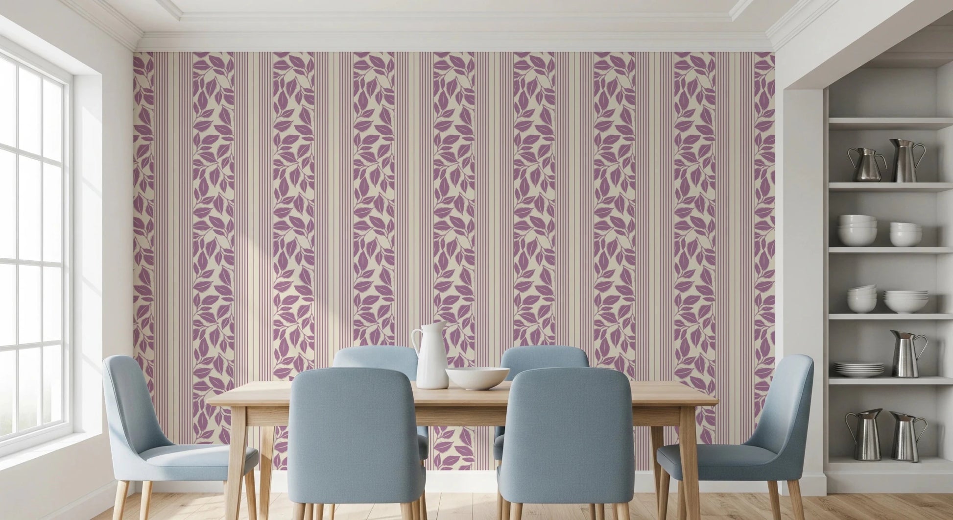 Dining room using Vintage Lavender Wallpaper with striped botanical detail