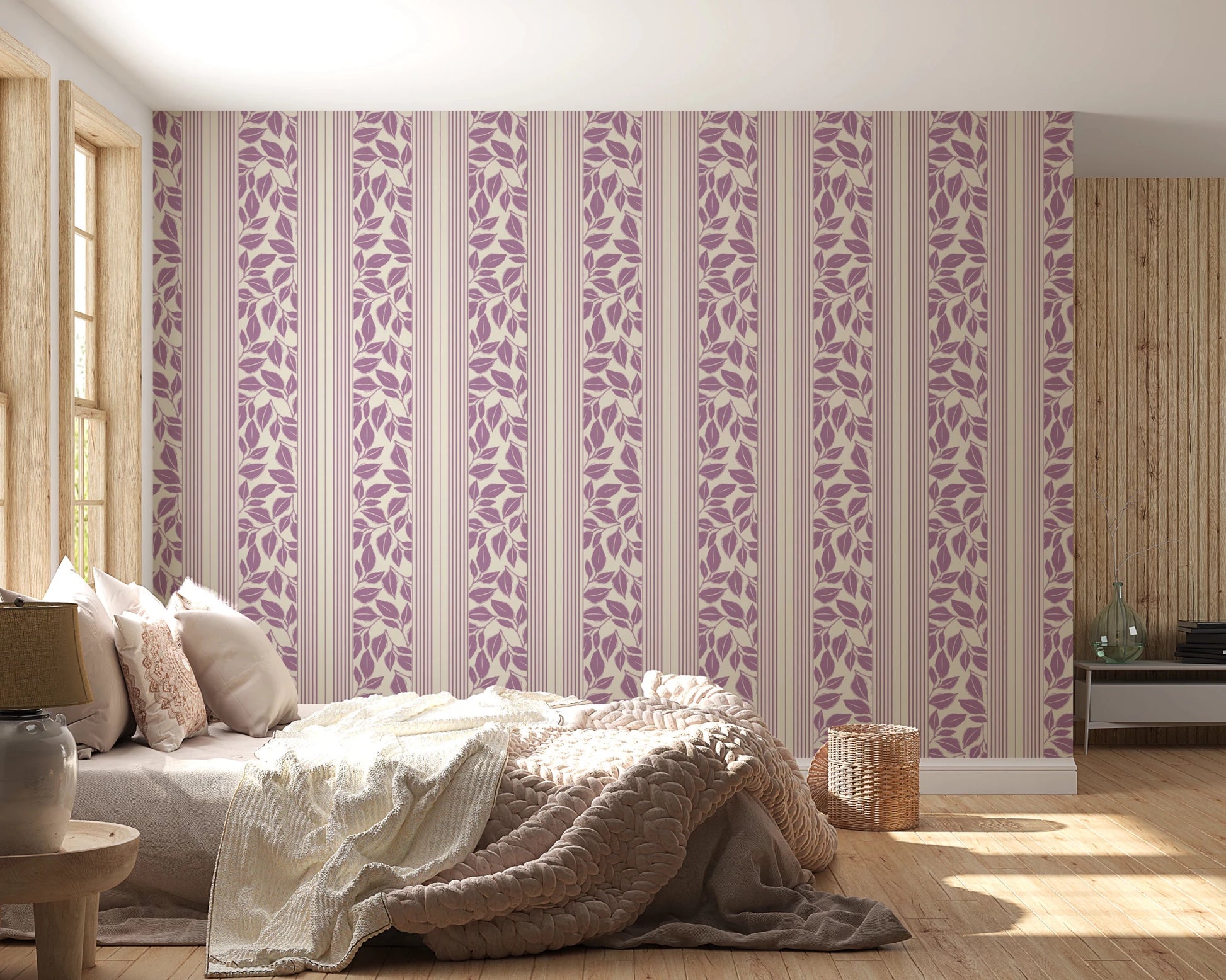 Botanical leaf forms repeat across this Vintage Wallpaper with fine line accents