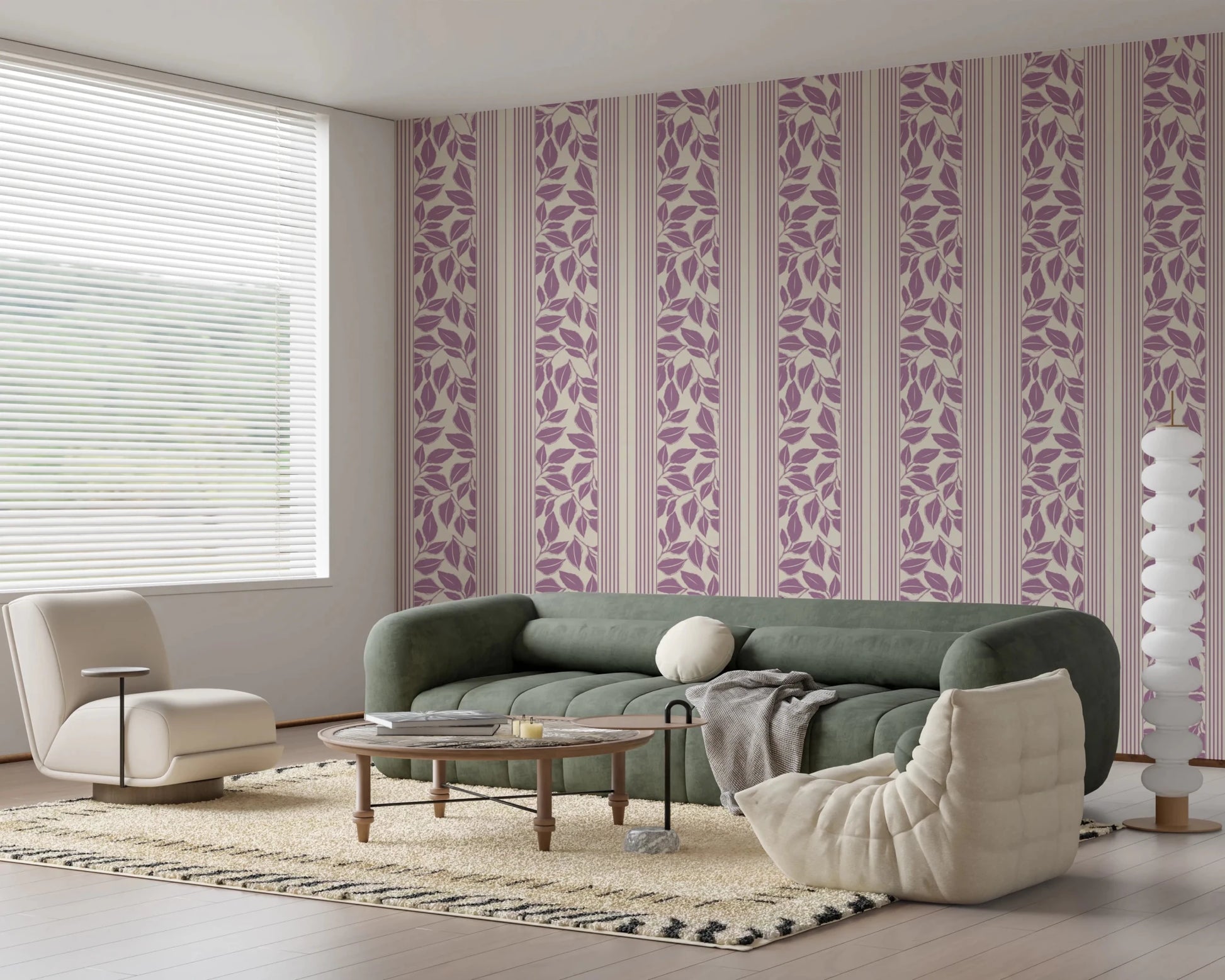 Hallway featuring Trailing Foliage Wallpaper in a muted lavender palette