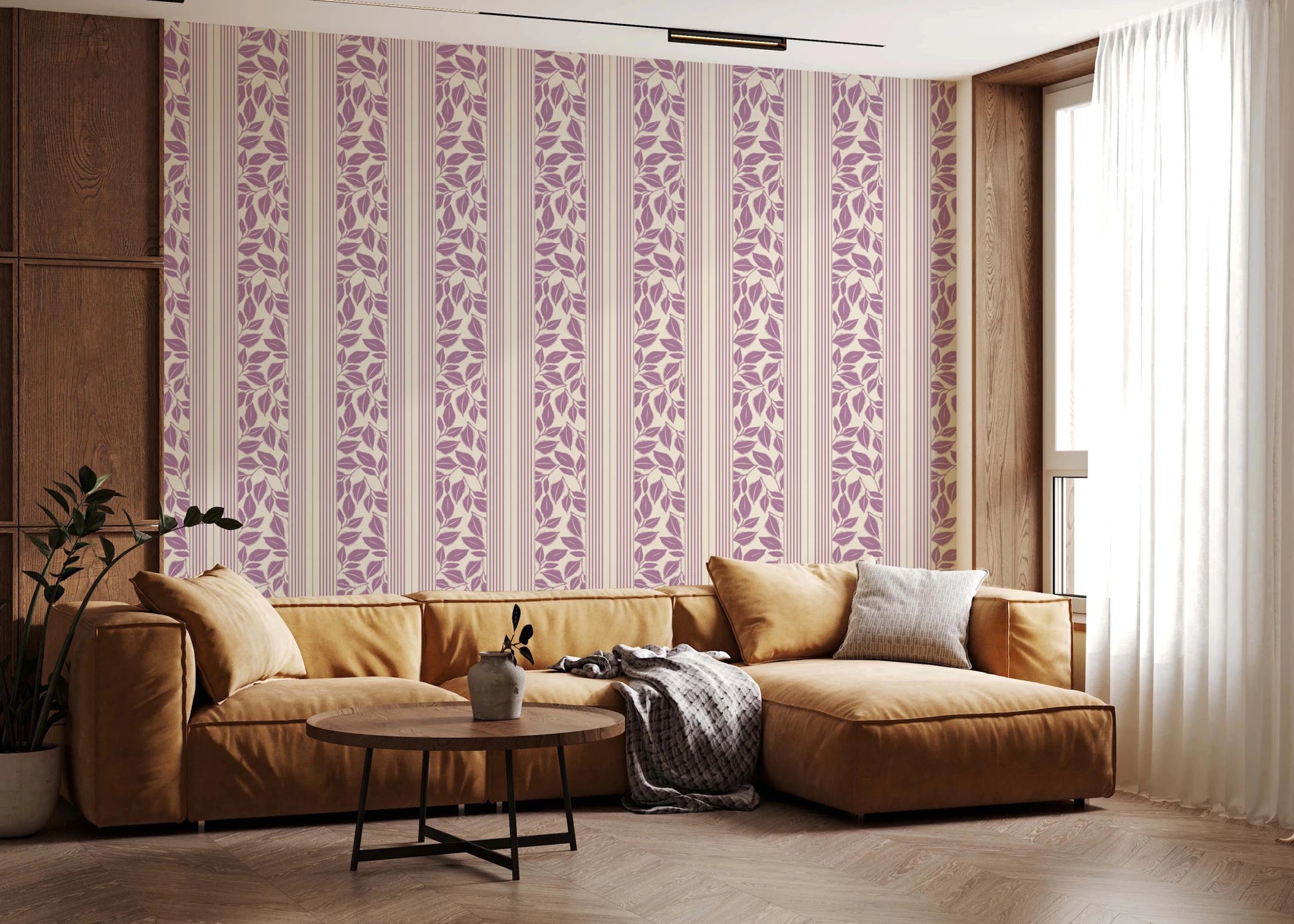 Soft leaf silhouettes give this Vintage Lavender Wallpaper a gentle printed look