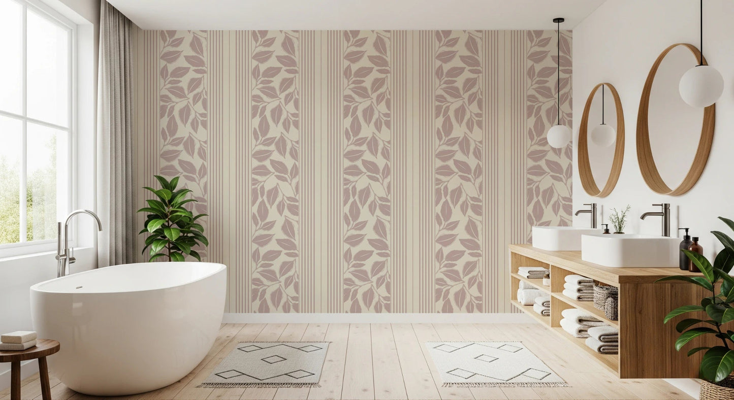 Fine botanical lines on Vintage Trailing Foliage Mauve Wallpaper for bathroom