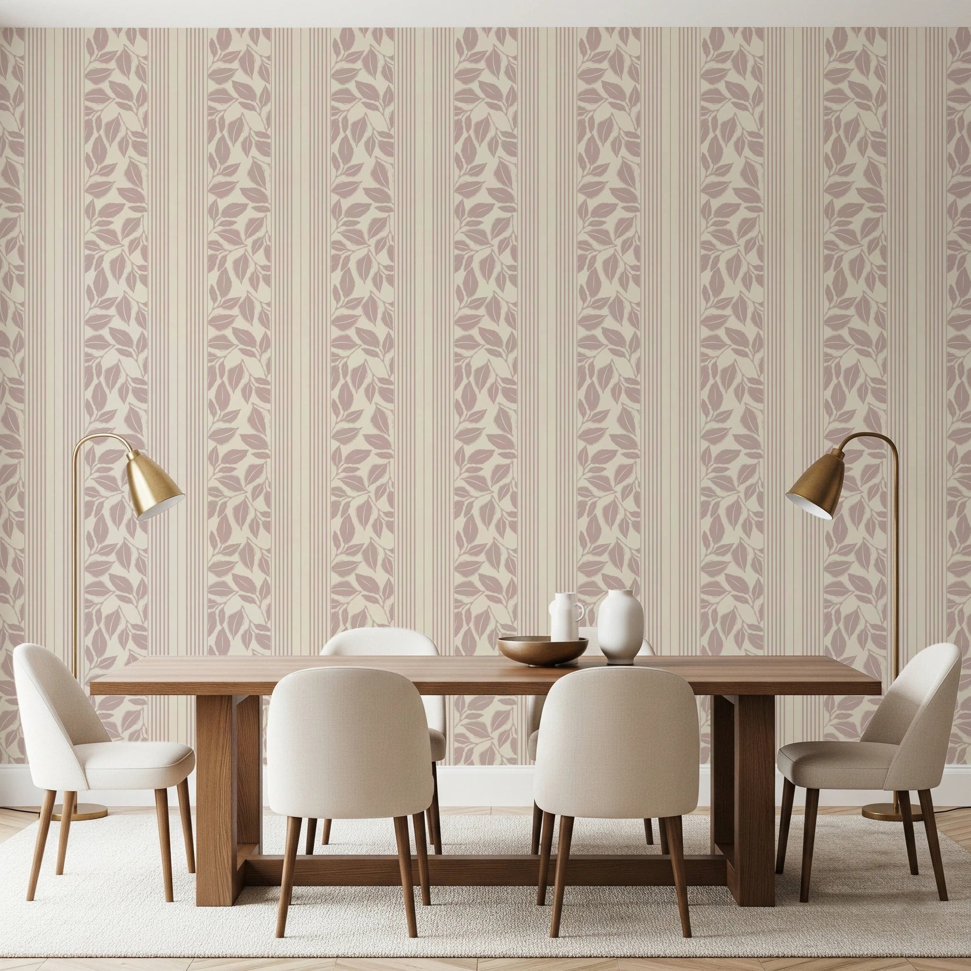 Soft stripes on Vintage Trailing Foliage Mauve Wallpaper for dining room