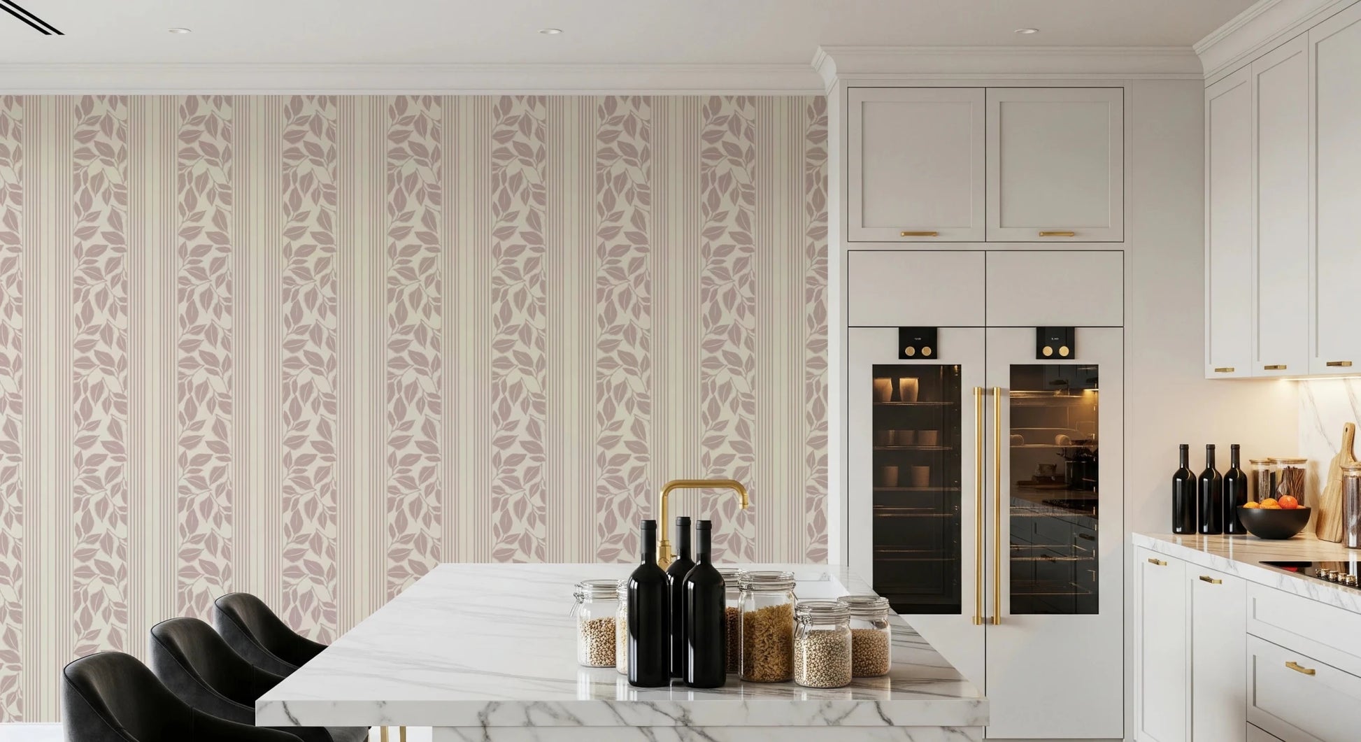 Vintage Trailing Foliage Mauve Wallpaper in a leafy repeat kitchen area 