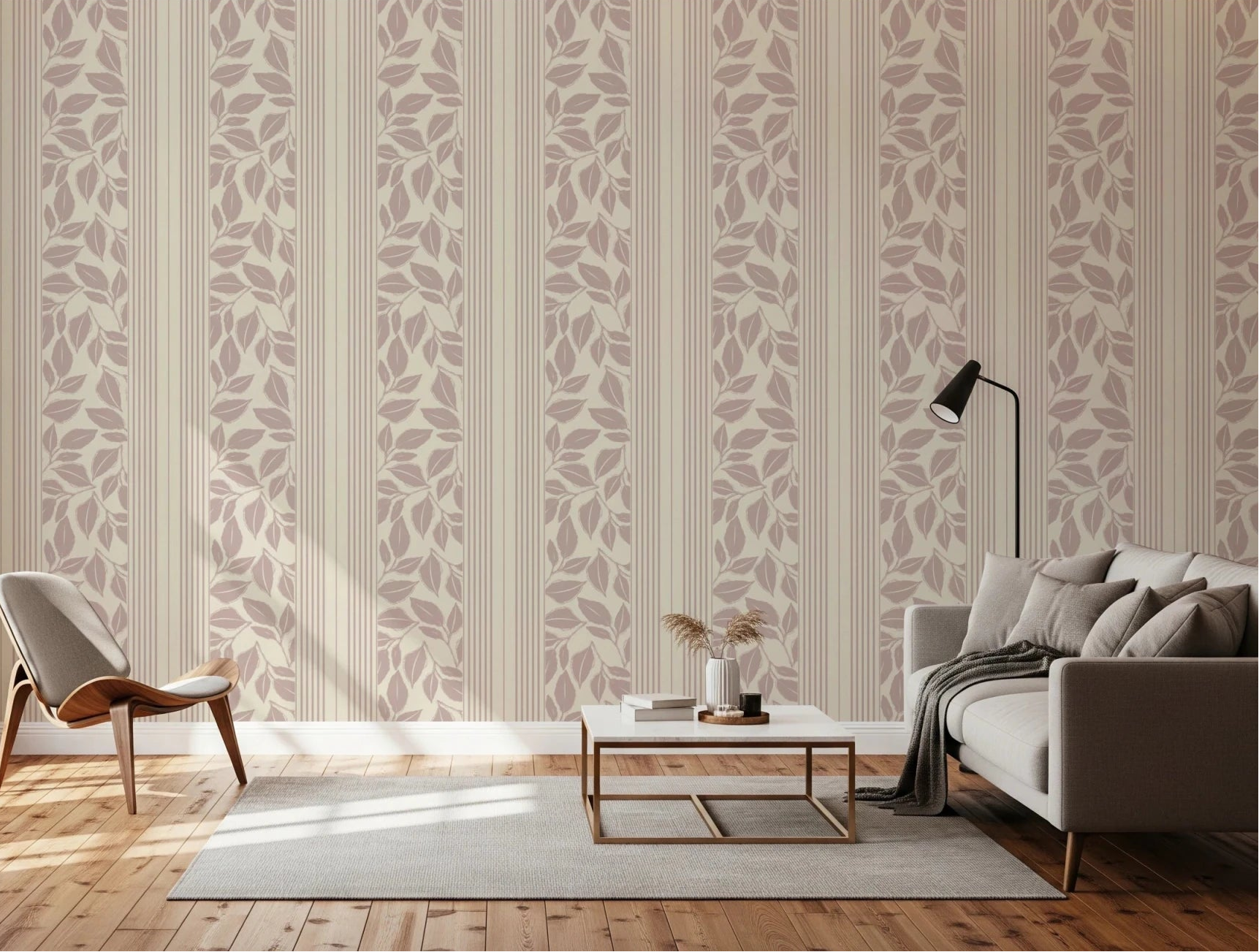 Vintage Trailing Foliage Mauve Wallpaper with living room striped leaves 