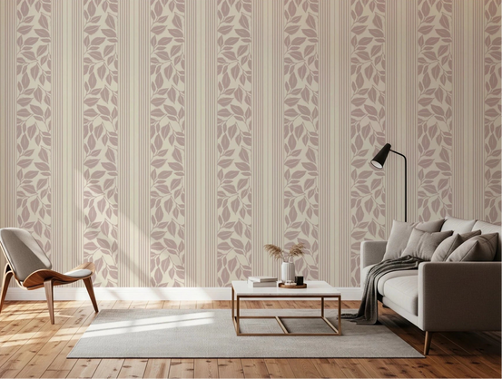 Vintage Trailing Foliage Mauve Wallpaper with living room striped leaves, GD8801
