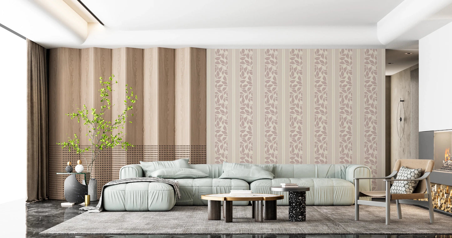 Vintage Trailing Foliage Mauve Wallpaper with narrow stripes