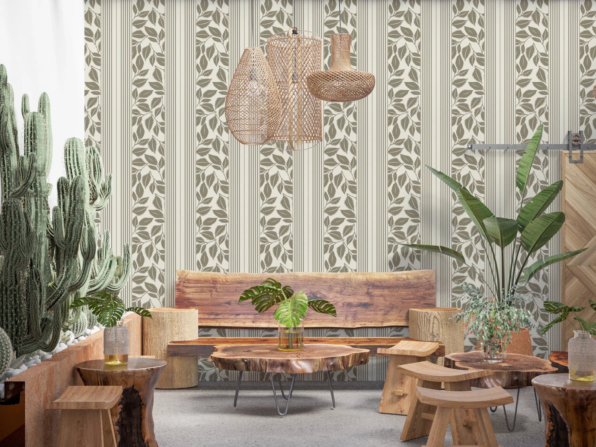 Subtle foliage movement adds texture to the Olive Green Wallpaper pattern