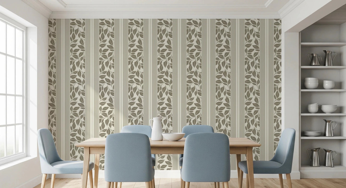 Dining room with Vintage Trailing Foliage Olive Green Wallpaper and stripe panels