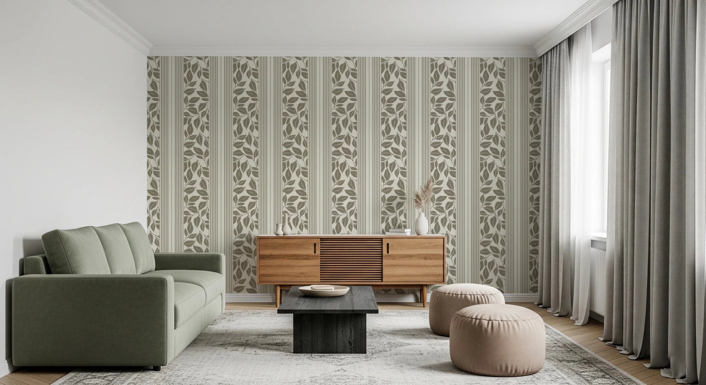 A light neutral base gives the Vintage Foliage Wallpaper a calm contrast