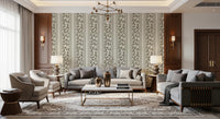 Soft olive leaves repeat across this Olive Green Wallpaper with classic rhythm