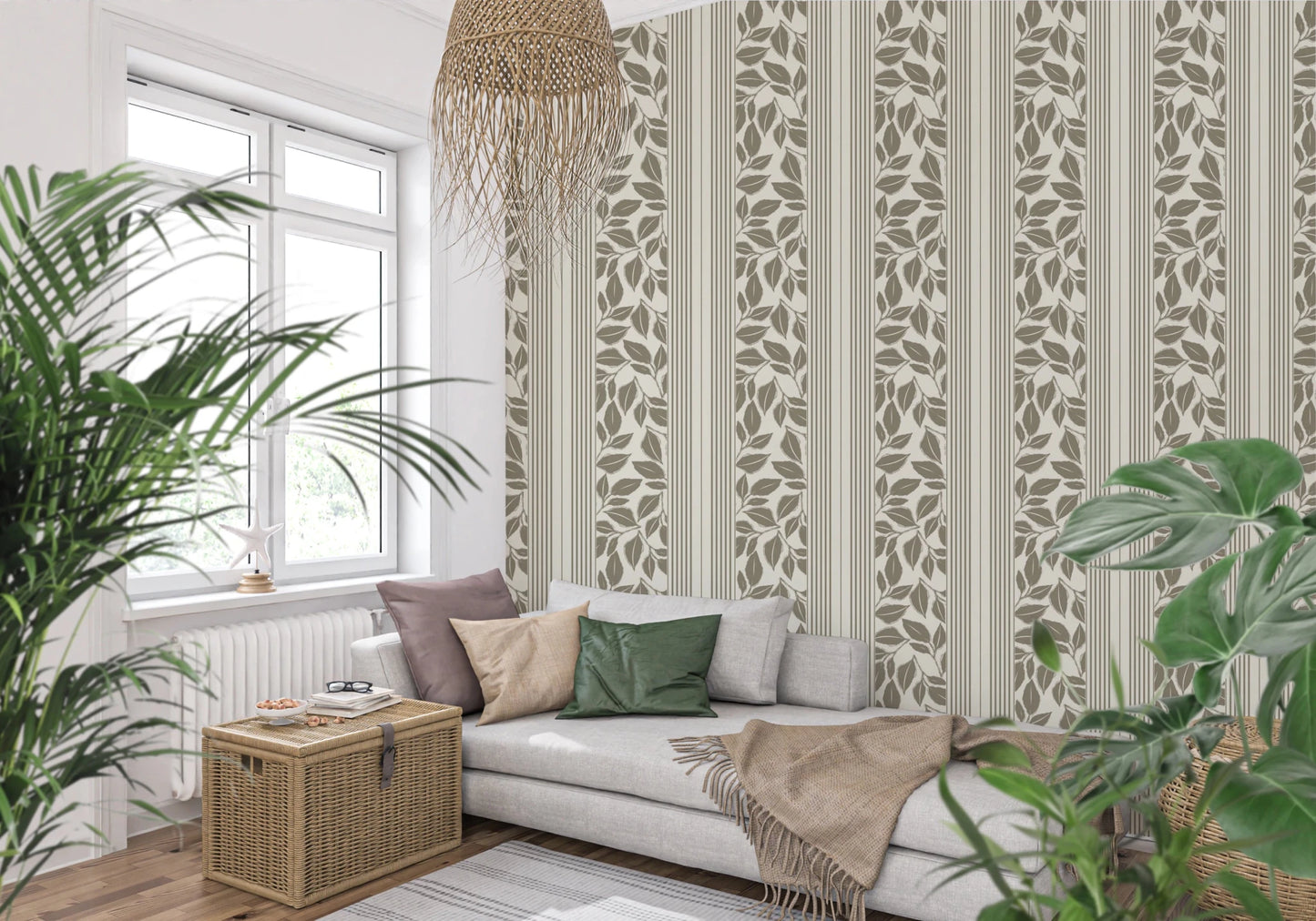 Thin stripe bands structure the Trailing Foliage Olive Green Wallpaper layout
