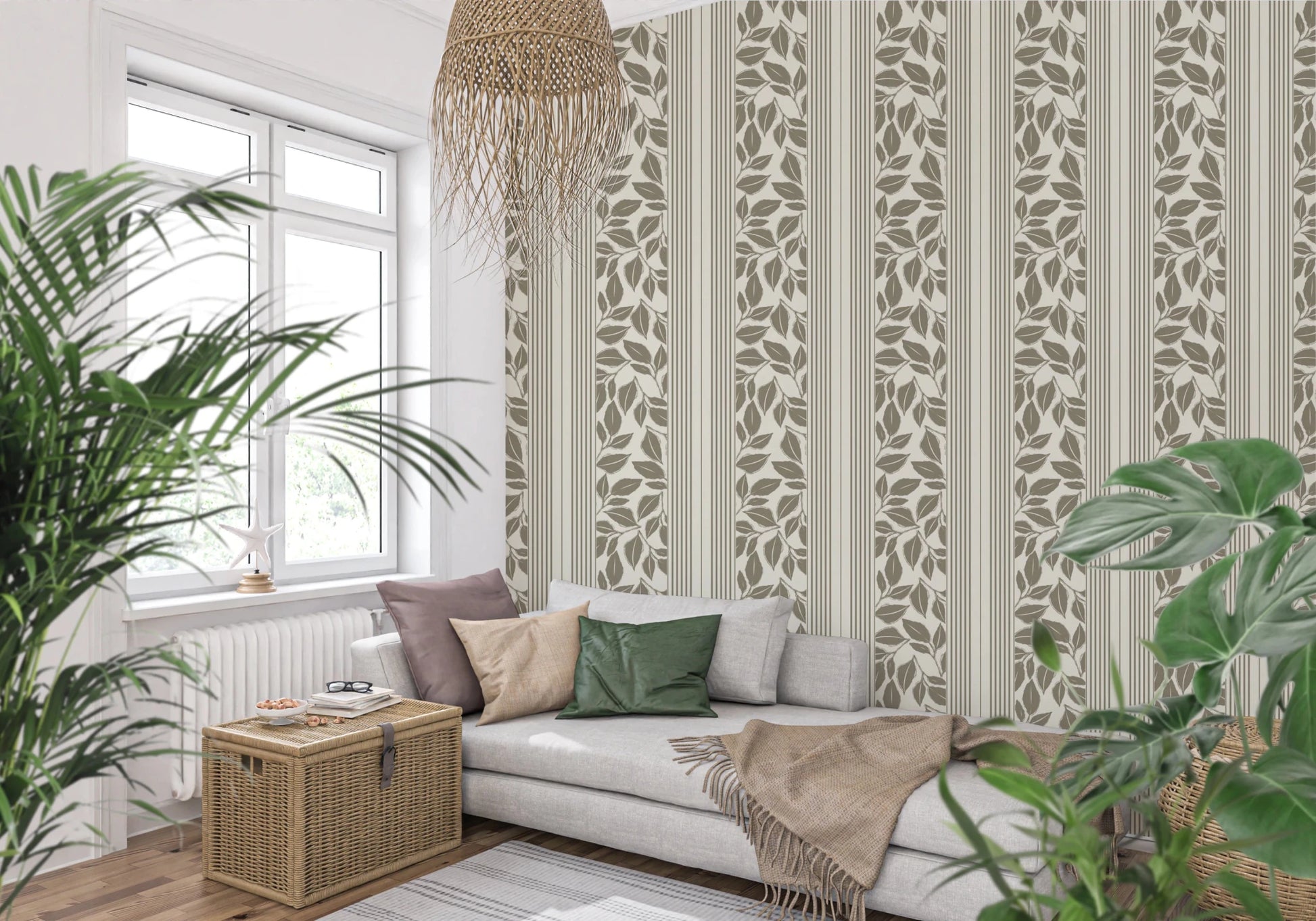 Thin stripe bands structure the Trailing Foliage Olive Green Wallpaper layout