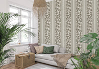 Thin stripe bands structure the Trailing Foliage Olive Green Wallpaper layout