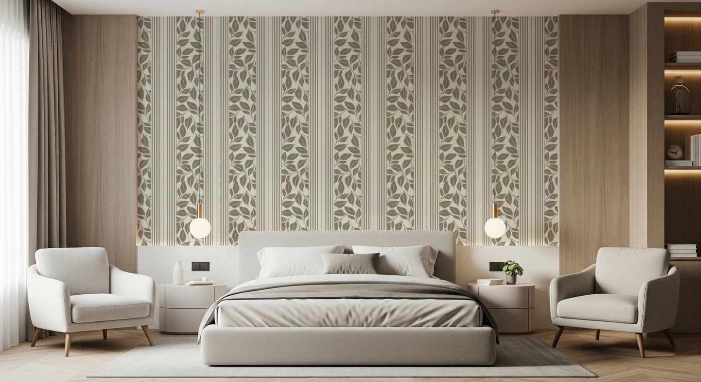 Bedroom using Trailing Foliage Olive Green Wallpaper with fine stripes