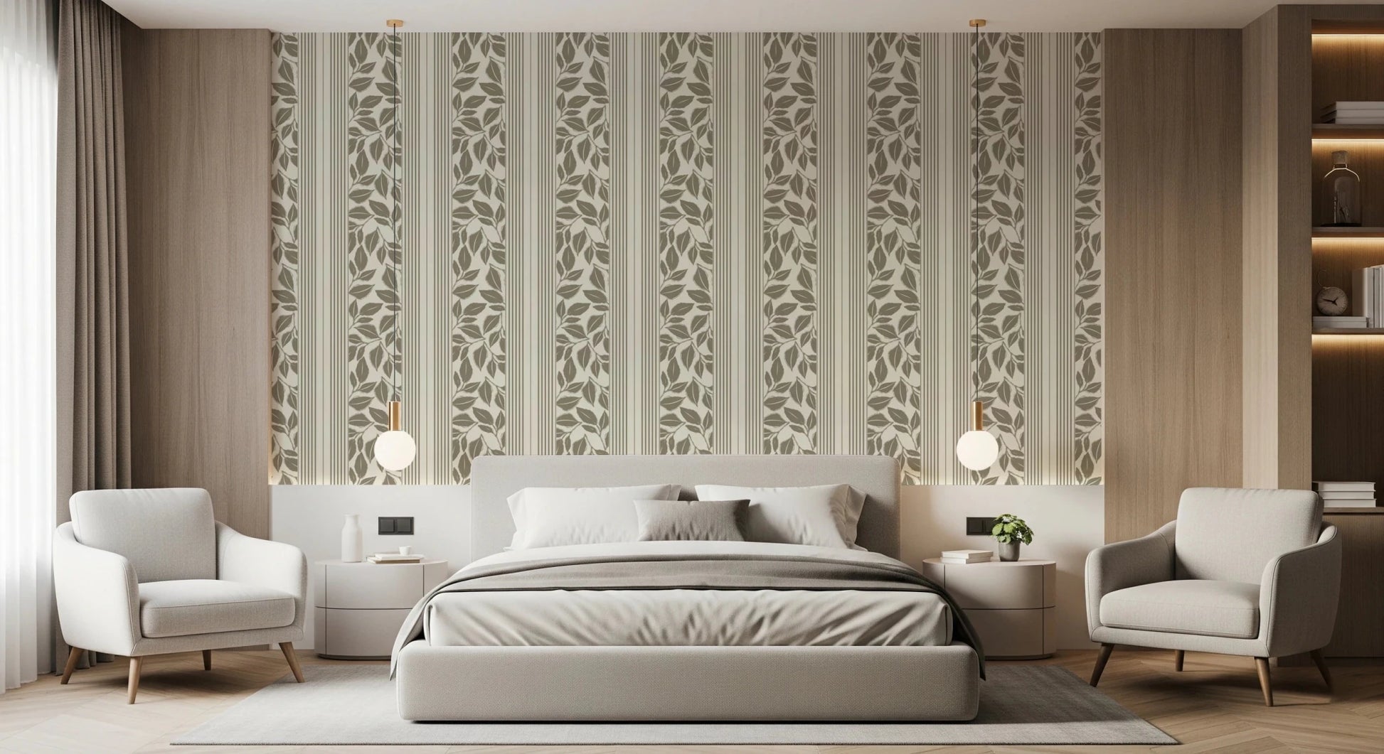 Bedroom using Trailing Foliage Olive Green Wallpaper with fine stripes
