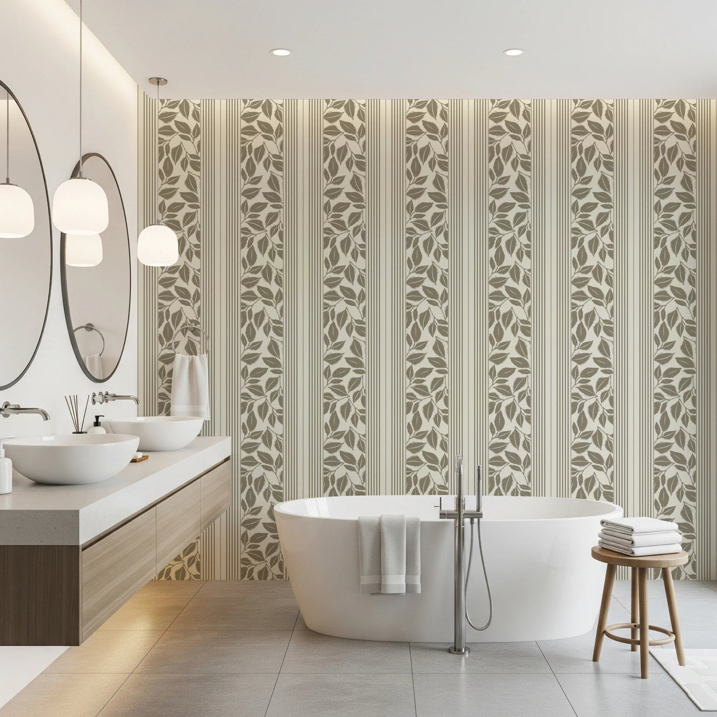 This Vintage Wallpaper pairs olive botanical shapes with narrow linear detailing