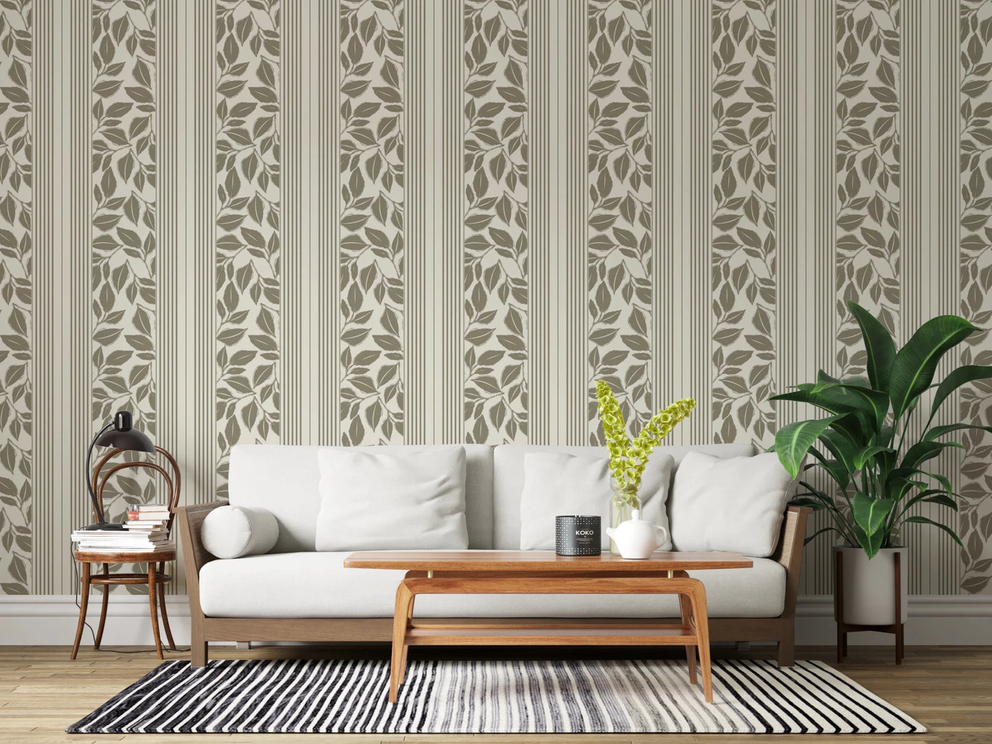 Hallway styled in Olive Green Wallpaper with Trailing Foliage leaf pattern
