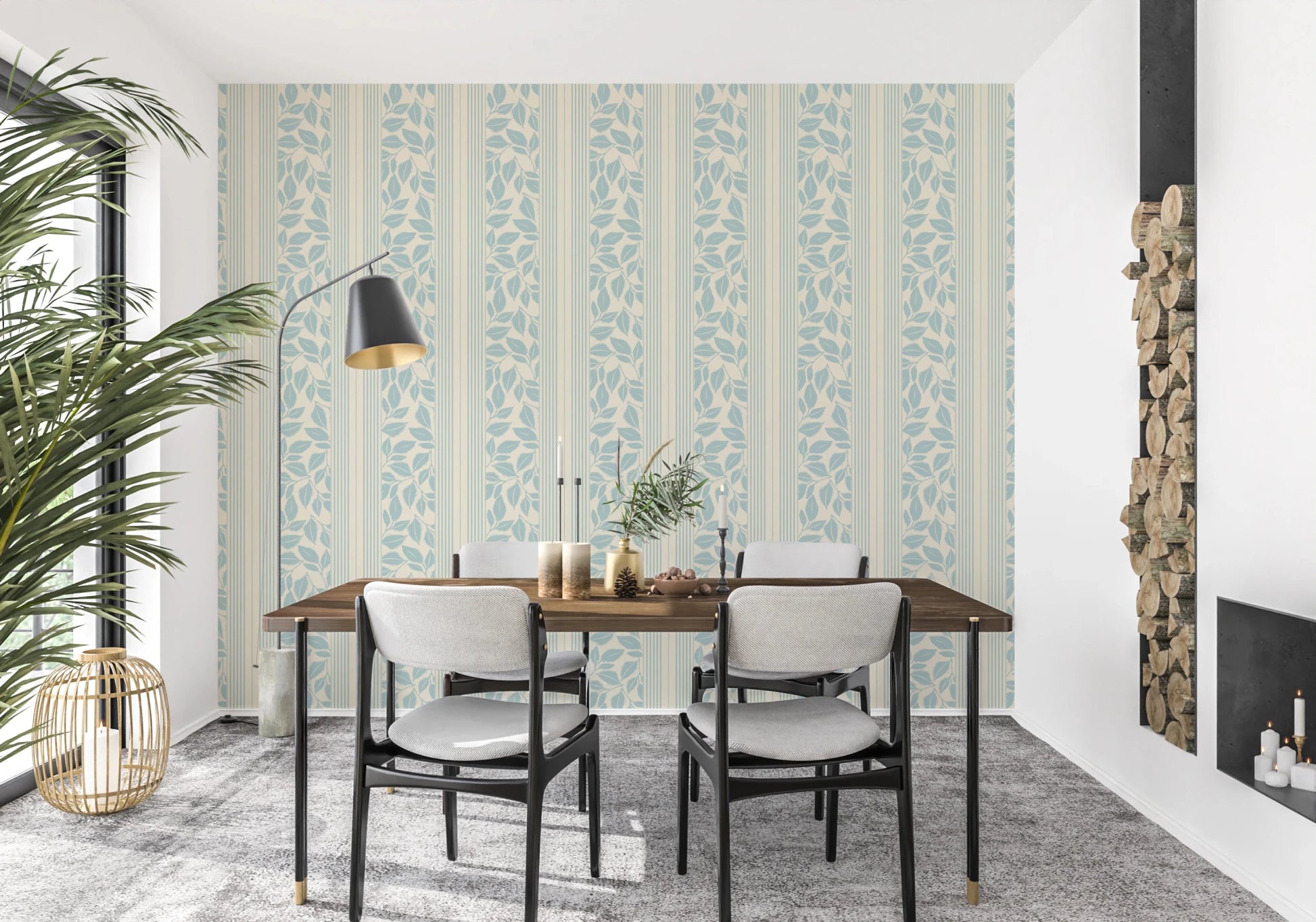 This Vintage Wallpaper blends powder blue leaves with clean stripe spacing
