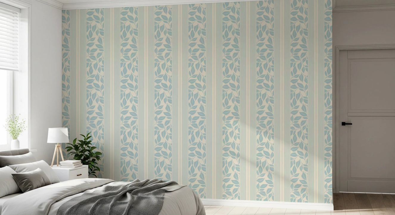 Bedroom styled in Powder Blue Wallpaper with Vintage Foliage leaf detailing