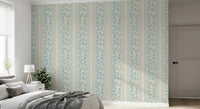 Bedroom styled in Powder Blue Wallpaper with Vintage Foliage leaf detailing