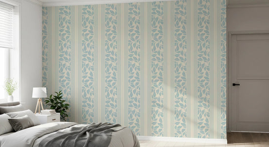 Bedroom styled in Powder Blue Wallpaper with Vintage Foliage leaf detailing, GD8796