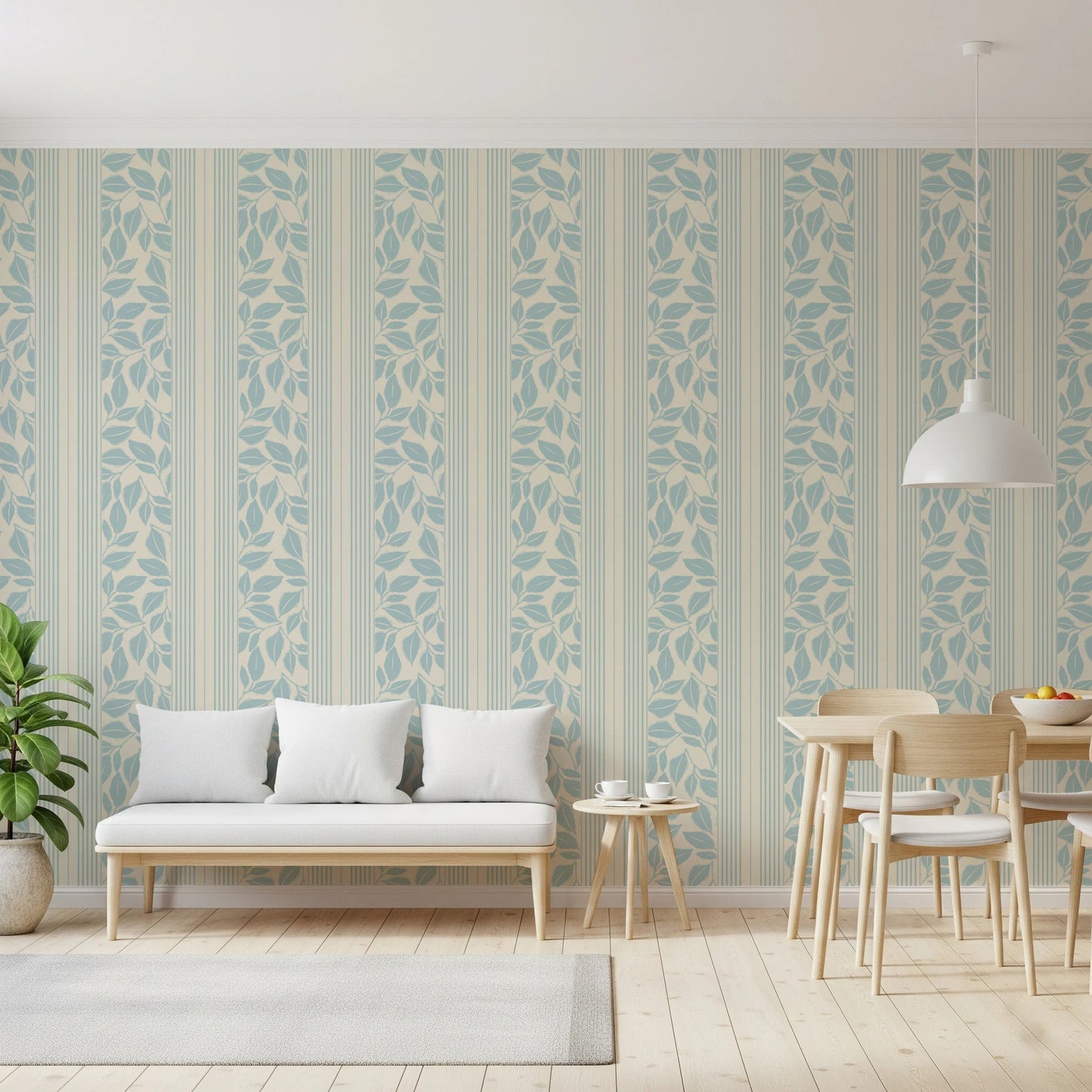 Soft botanical repeats give the Trailing Foliage Powder Blue Wallpaper calm movement