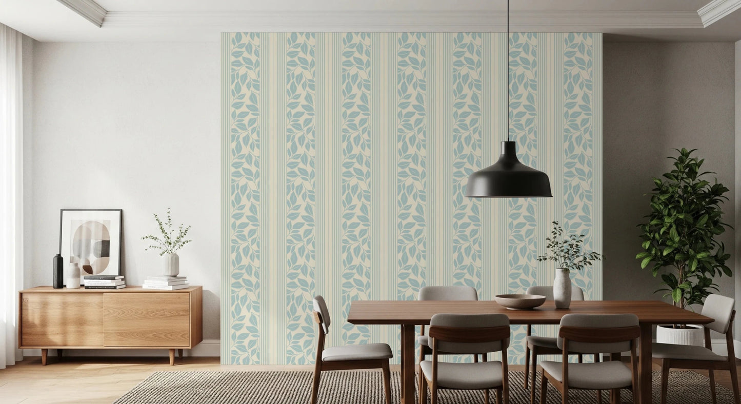 Delicate printed foliage shapes add texture to the Powder Blue Wallpaper pattern