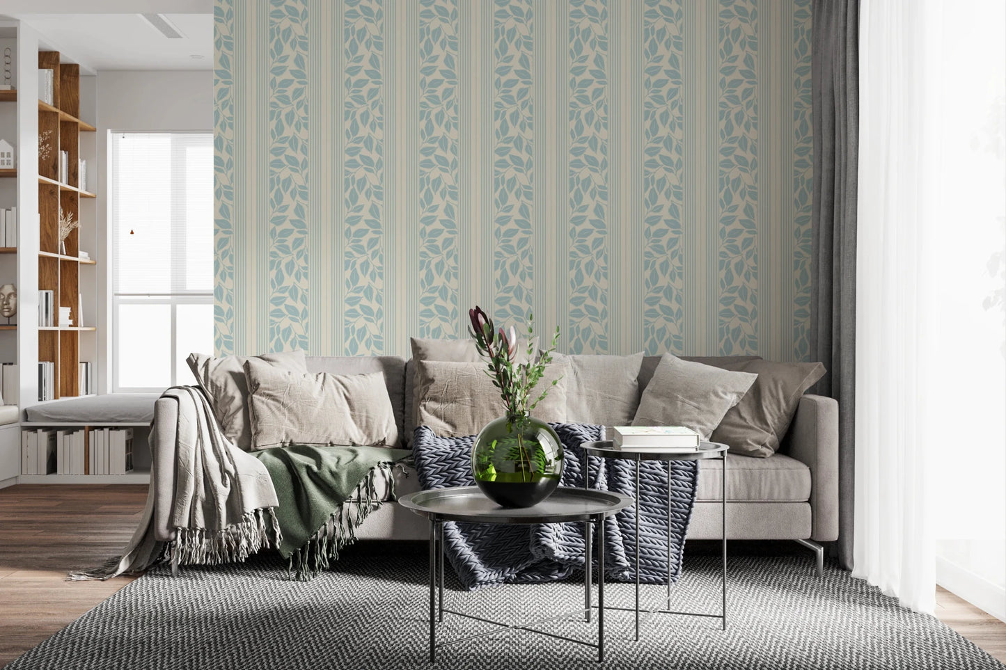 Fine vertical bands frame this Powder Blue Wallpaper with trailing foliage design