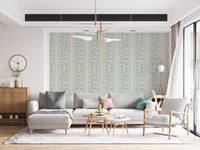 Living room with Vintage Trailing Foliage Powder Blue Wallpaper and airy stripes