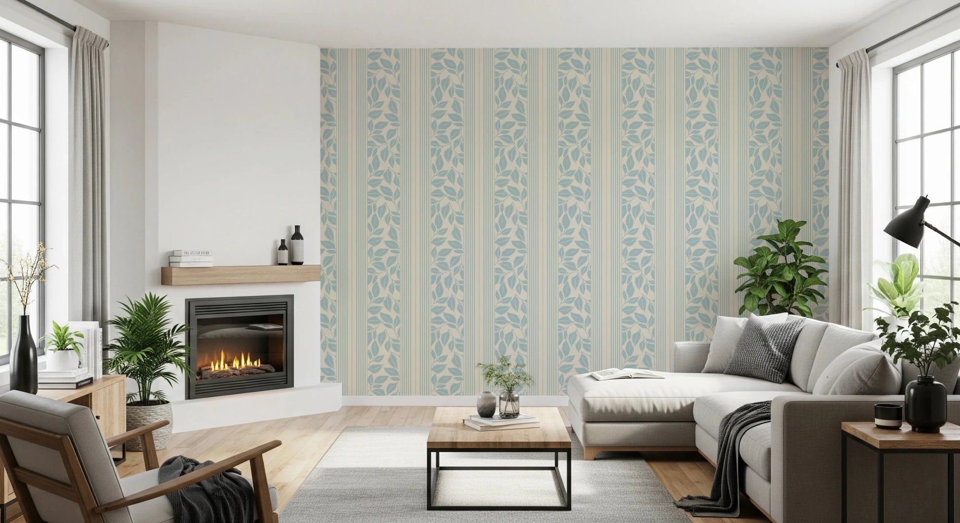 Pale blue leaf motifs define the Vintage Trailing Foliage Wallpaper surface
