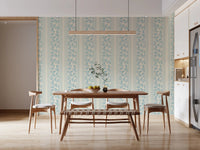 Dining room with Vintage Powder Blue Wallpaper and striped botanical pattern