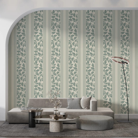 Living room with Vintage Trailing Foliage Sage Green Wallpaper and fine stripes