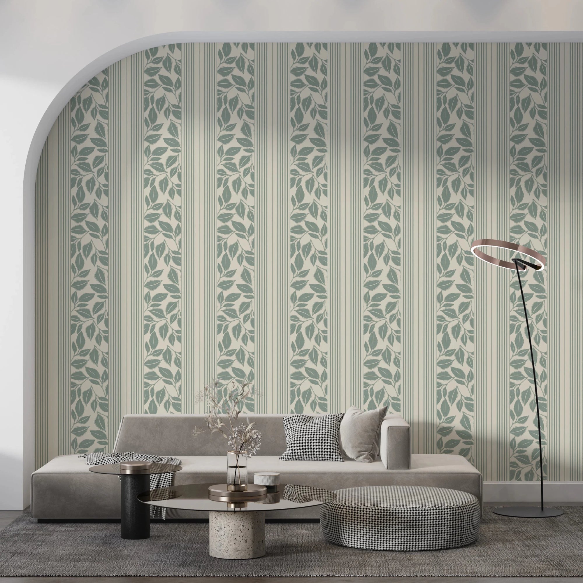 Living room with Vintage Trailing Foliage Sage Green Wallpaper and fine stripes, GD8794