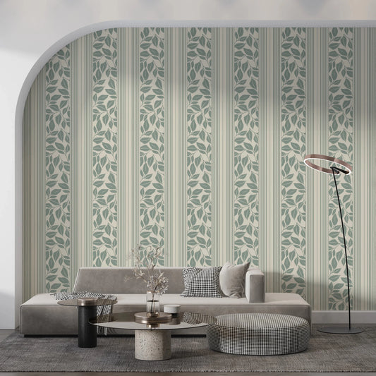 Living room with Vintage Trailing Foliage Sage Green Wallpaper and fine stripes