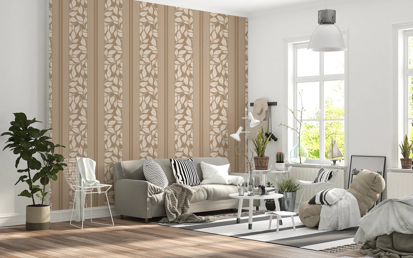 Living room with Vintage Trailing Foliage Tan Wallpaper and cream foliage