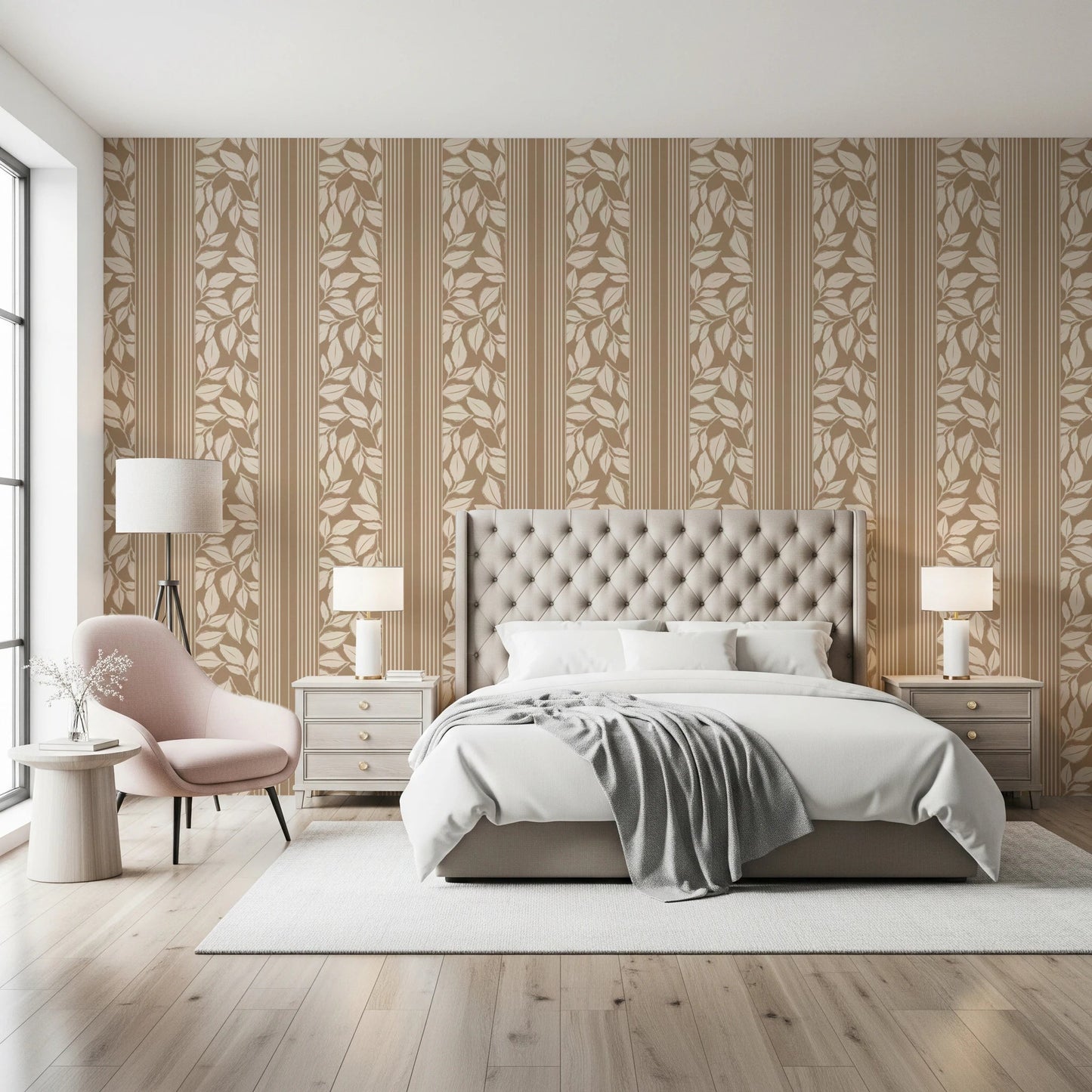 Soft striped bands shape Vintage Trailing Foliage Tan Wallpaper