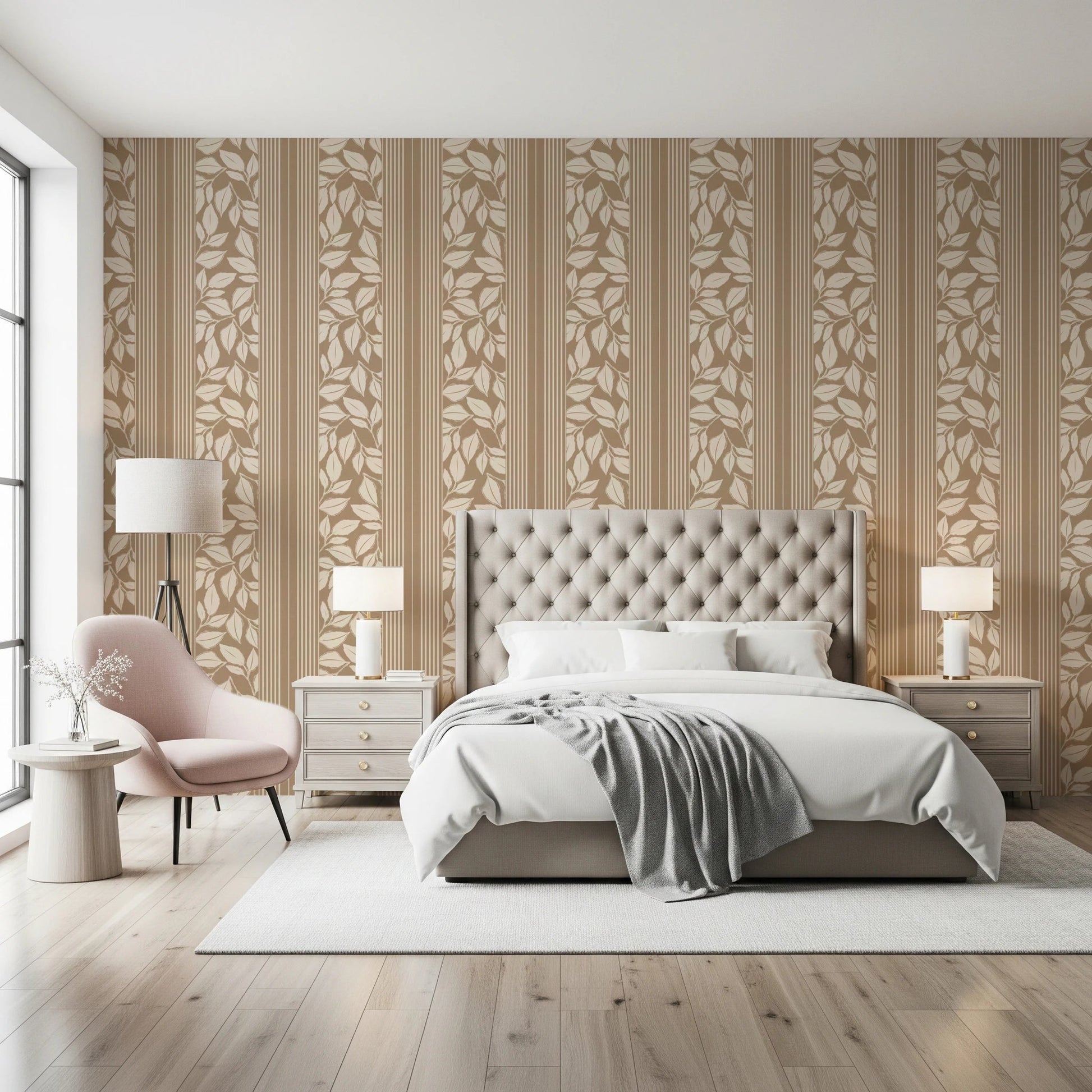 Soft striped bands shape Vintage Trailing Foliage Tan Wallpaper