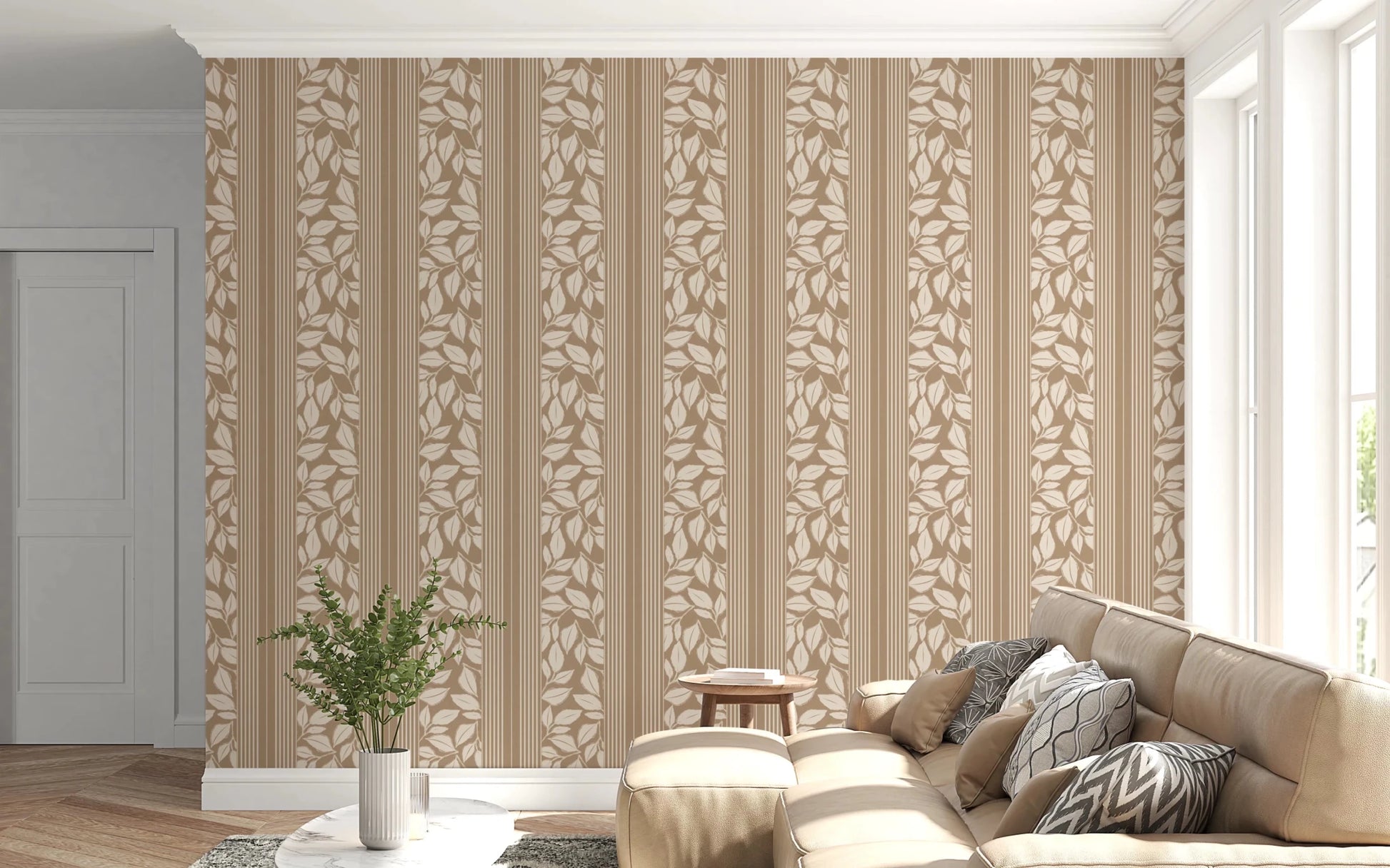 Decorative leaf repeats fill Vintage Trailing Foliage Tan Wallpaper