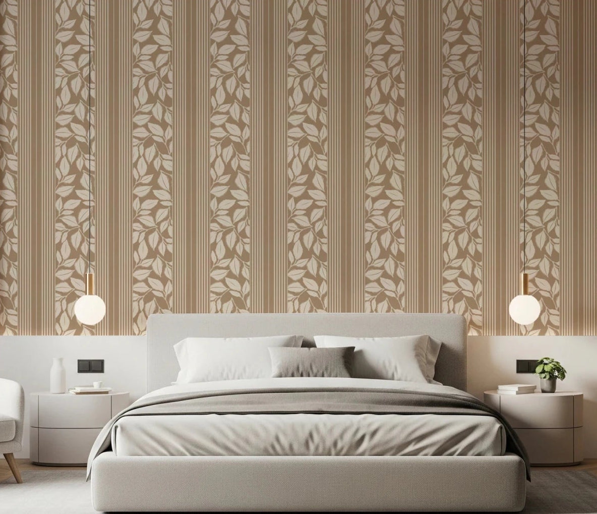 Bedroom with Vintage Trailing Foliage Tan Wallpaper and leaf panels, GD8799